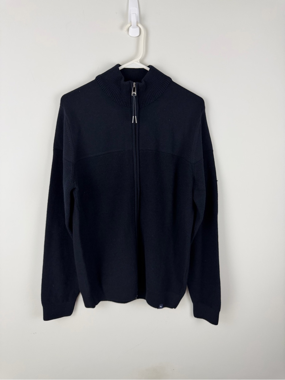 Men's Black Zip-Up Knit Sweater with Stand Collar